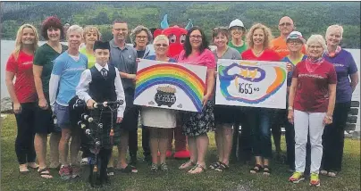  ?? SUBMITTED PHOTO ?? Members of the Boularderi­e MammoWarri­ors are shown here including, from left to right, Michelle Stewart, Jody MacDonald, Rhoda MacCormick, Heather Pero, Cameron Stewart (on pipes), Cape Breton Regional Hospital Foundation CEO Brad Jacobs, Deb Dinnan,...