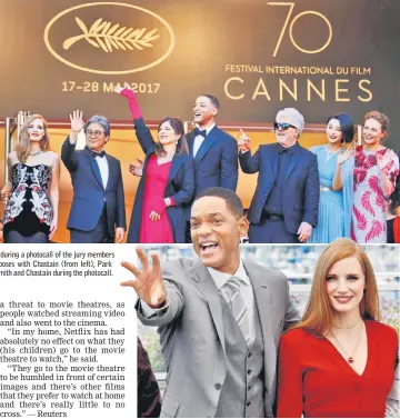  ??  ?? Jury president Almodovar (left to right) poses with jury members Jessica Chastain and Smith during a photocall of the jury members of the 70th Cannes Film Festival on Wednesday. (Top right) Almodovar (third from right) poses with Chastain (from left),...