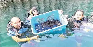  ??  ?? MUHAMMAD Ali (kiri) bersama pelajarnya turut membantu TLDM mengutip landak laut.