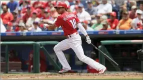  ?? MATT SLOCUM — THE ASSOCIATED PRESS ?? In manager Pete Mackanin’s latest bid to find offense from his inept lineup, Cesar Hernandez batted leadoff and produced one hit in four at-bats. That was better than Freddy Galvis, the No. 2 batter du jour, who went oh-for-4.