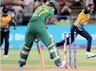  ?? SHAUN ROY Backpagepi­x ?? SUGANDIKA Kumari of Sri Lanka celebrates the wicket of Anneke Bosch of South Africa during the 2023 ICC Women’s T20 World Cup opening match at Newlands in Cape Town on Friday. |