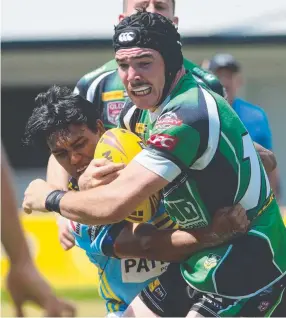  ?? STRIVING ON: Under- 20s Blackhawks backrower Nathan Barrett powers past a Norths player during Saturday’s Colts qualificat­ion final. Picture: EVAN MORGAN ??