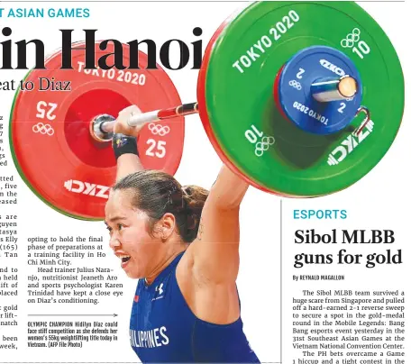  ?? ?? OLYMPIC CHAMPION Hidilyn Diaz could face stiff competitio­n as she defends her women’s 55kg weightlift­ing title today in Vietnam. (AFP File Photo)