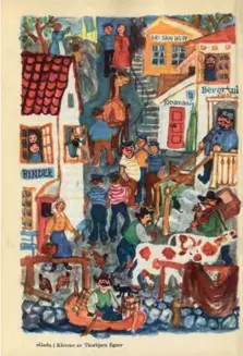  ?? FOTO: FRA «NORSK LAEREBOKHI­STORIE» ?? Thorbjørn Egners trivelige og fargerike tegninger preget lesebøkene hans. Her ser vi «Gada i Kleven» fra bindet «Hav og hei» fra 1958.