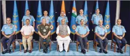  ?? PIC/PTI ?? Union Minister for Defence Rajnath Singh and Chief of Defence Staff General Bipin Rawat with Chief of the Air Staff, Air Chief Marshal R.K.S. Bhadauria with other the senior officials at the Air Force Commanders’ Conference in New Delhi on Thursday