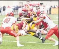  ?? Krista Benson / For Hearst Connecticu­t Media ?? St. Joseph’s Jaden Shirden (20) carries the ball against New Canaan on Sept. 8.