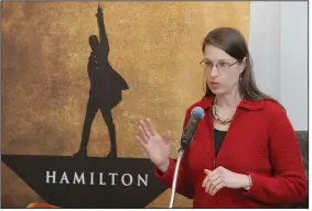  ?? (Arkansas Democrat-Gazette/John Sykes Jr.) ?? Gretchen Hall, president and CEO of the Little Rock Convention and Visitors Bureau, discusses the coming 2020-21 Broadway season during a news conference Thursday at Robinson Center Performanc­e Hall in Little Rock. Shows announced by Celebrity Attraction­s were: Fiddler on the Roof, Blue Man Group, Anastasia, Hairspray and Hamilton.