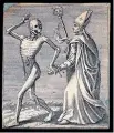  ?? ?? EVERYONE from the poor to the powerful will eventually dance with death. Dance of death: death and the bishop. Etching attributed to JA Chovin, 1720–1776, after the Basel Dance of Death. | WELLCOME COLLECTION CC