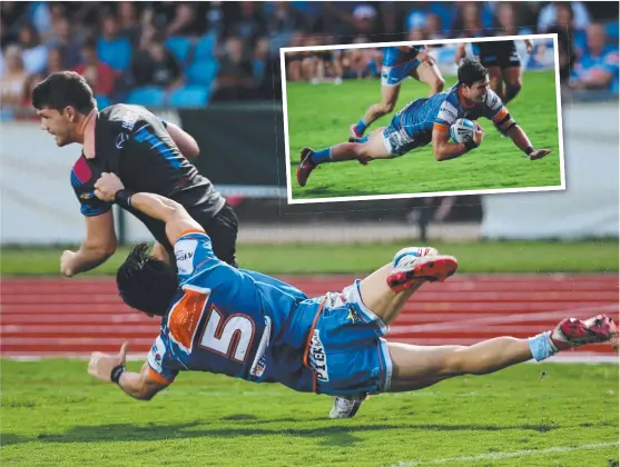  ?? Picture: STEWART MCLEAN ?? ON THE ATTACK: Lachlan Coote is tackled by the Northern Pride's Shawn Bowen and ( inset) Jake Clifford scores a try for the Pride.