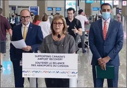  ?? CP PHOTO BILL GRAVELAND ?? Parliament­ary Secretary for Transport and Liberal MP Annie Koutrakis, centre, speaks as Calgary Airport Authority CEO Bob Sartor, left, and Liberal MP George Chahal look on during a funding announceme­nt in Calgary on Tuesday, August 23.