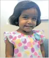  ?? RICHARDSON TEXAS POLICE DEPARTMENT VIA AP ?? Three-year-old Sherin Mathews. Authoritie­s are searching for the girl who went missing Oct. 7 when her father allegedly made her stand outside in the middle of the night as punishment for not drinking her milk.