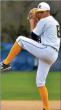  ?? KYLE FRANKO — TRENTONIAN PHOTO ?? Nottingham’s Nick Houghton throws to the plate against Hamilton on Wednesday afternoon.