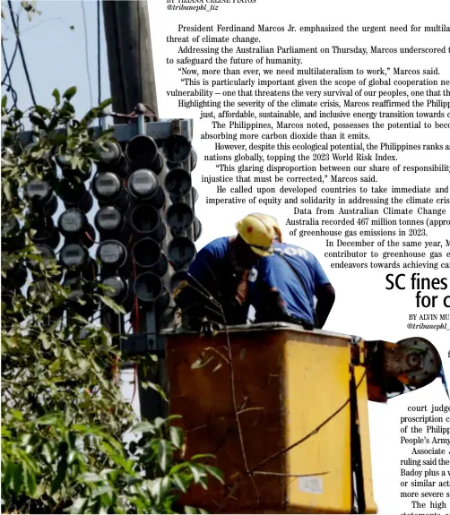  ?? PHOTOGRAPH BY ANALY LABOR FOR THE DAILY TRIBUNE @tribunephl_ana ?? PERSONNEL from ELCOR, contractor of the Manila Electric Company, on Thursday replace the electric meter damaged from a second alarm fire that hit Tandang Sora, Quezon City last Tuesday.