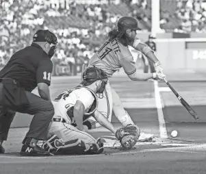  ?? DAVID REGINEK/USA TODAY SPORTS ?? Blue Jays shortstop Bo Bichette strikes out on a check swing in the first inning against the Tigers at Comerica Park on July 7.