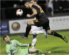  ??  ?? Tommy S tewart scores Dundalk’s fourth of the night. Pic: Carl Brennan