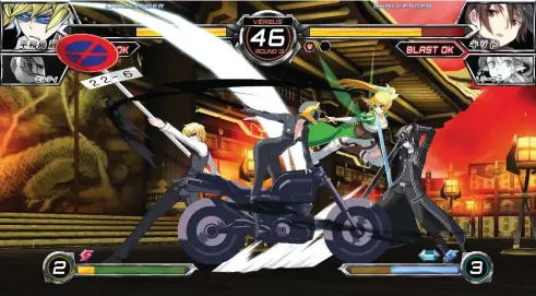  ??  ?? Assists come in two flavours, depending on whether the stick is neutral or tapped towards your foe. So Shizuo’s motorbike helper, Celty Sturluson, will either travel straight across the screen or fall from the top-left corner