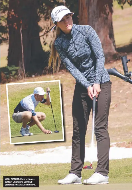  ??  ?? MAIN PICTURE: Kathryn Norris putts at Ulverstone Golf Club yesterday. INSET: Aiden Didone.