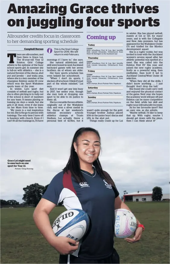  ?? Picture / Doug Sherring ?? Grace Lui might need to ease back on one sport for Year 13.