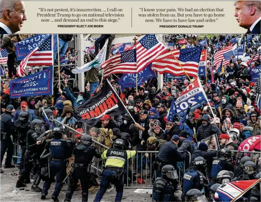  ?? Roberto Schmidt / Getty Images ?? Supporters of President Donald Trump clash with police and security forces as they storm the Capitol while Congress debated certificat­ion of the electoral votes.