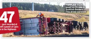  ?? ?? TOPPLED Truck blown on its side in Scottish Borders. This driver survived