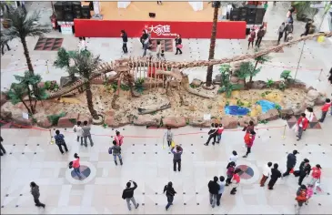  ??  ?? Shoppers check out fossils on display at a mall in Liaoning province.