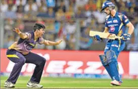  ?? AFP ?? Mumbai Indians batsman Jos Buttler was given out leg before off a fullish delivery from Kolkata Knight Riders’ pacer Ankit Rajpoot that was missing legstump.