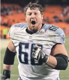  ?? AP PHOTO ?? WILD WIN! Titans center Ben Jones reacts as he leaves the field following yesterday’s upset of the Chiefs in the wild card playoff in Kansas City, Mo.