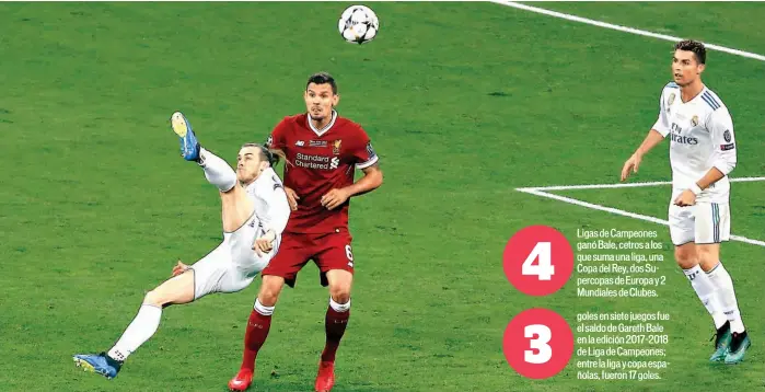  ??  ?? Bale marcó uno de los mejores goles de la historia y una actuación genial de su parte disipó los sueños de los rojos del Liverpool de llevarse la Copa de Europa 2017-2018.