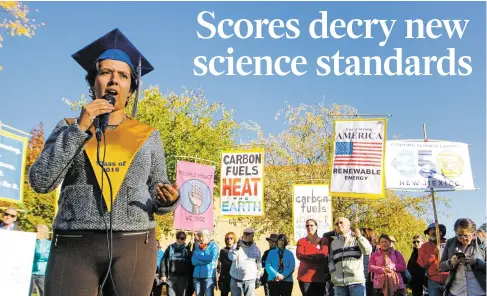  ?? PHOTOS BY GABRIELA CAMPOS/THE NEW MEXICAN ?? Ruby Lopez, Earth Care sustainabi­lity educator, speaks in opposition to the New Mexico STEM-Ready Standards on Monday outside the Public Education Department building.