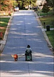  ??  ?? David Jayne, seen here several years ago taking his dog Red on a walk, “was unwavering­ly determined and incredibly resourcefu­l in overcoming obstacles.”