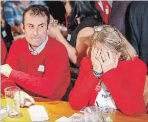  ?? JEFF MCINTOSH THE CANADIAN PRESS ?? Members of the Yes campaign react on Tuesday night to the results of a plebiscite on whether the city should proceed with a bid for the 2026 Winter Olympics.