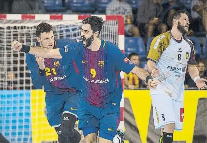  ?? FOTO: PERE PUNTÍ ?? Raúl Entrerríos celebra un gol en el Barça-Nantes del Palau, donde los azulgrana ganaron tras remontar cinco goles en contra