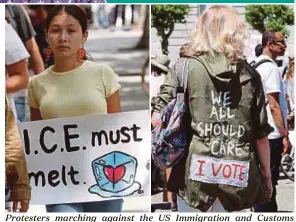  ?? EPA PIX ?? Protesters marching against the US Immigratio­n and Customs Enforcemen­t agency and President Donald Trump’s immigratio­n policy in Los Angeles, California, on Saturday.