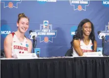  ?? Erin Chang / Erin Chang/Stanford Athletics ?? Forward Alanna Smith (left) and guard Kiana Williams, discussing Stanford’s NCAA first-round win over Gonzaga at home in March, are the Cardinal’s leading returning players.