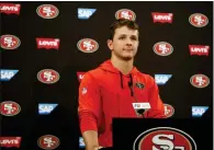  ?? SHAE HAMMOND – BAY AREA NEWS GROUP ?? Second-year quarterbac­k Brock Purdy of the 49ers addresses the media during a press conference at Levi's Stadium on Tuesday.