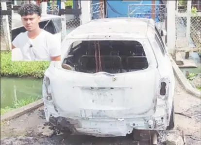  ?? ?? The burnt shell that remains of Chandradat­t Mohabir’s car after the arson attack. Inset is Mohabir