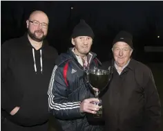  ??  ?? Eddie Kavanagh, Pat ‘Sting’ Kavanagh and Anthony Earls at the annual Sting Kavanagh Cup between Wicklow Rovers and Arklow Town.