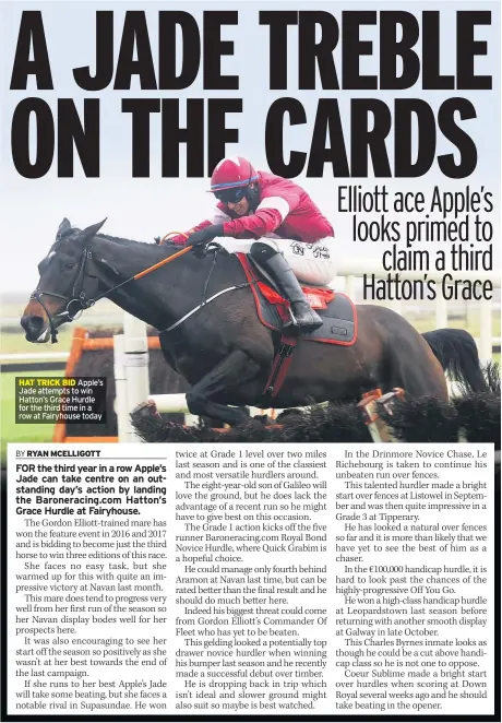  ??  ?? HAT TRICK BID Apple’s Jade attempts to win Hatton’s Grace Hurdle for the third time in a row at Fairyhouse today