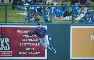  ?? E. JASON WAMBSGANS/CHICAGO TRIBUNE ?? Cubs center fielder Pete Crow-Armstrong makes a throw after the Dodgers’ Drew Avans doubled in a Cactus League game on Feb. 26 in Glendale, Arizona.