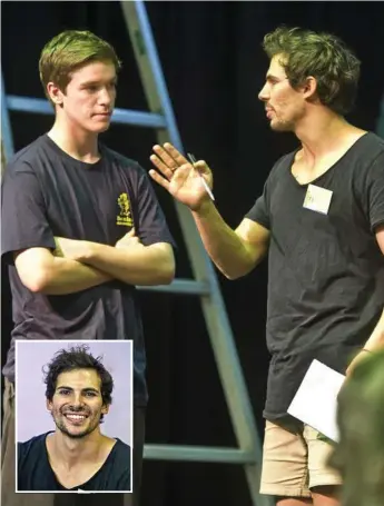  ?? Photos: Nev Madsen ?? THEATRE STAR: Former Downlands student Ben Gillespie (inset) at his old school Downlands College, pictured with current student Dom Brennan who is preparing for a role in the school musical, Crazy About You.