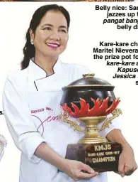  ??  ?? Kare-kare champ: Maritel Nievera gets the prize pot for her kare-kare at the Kapuso Mo, Jessica Soho show.