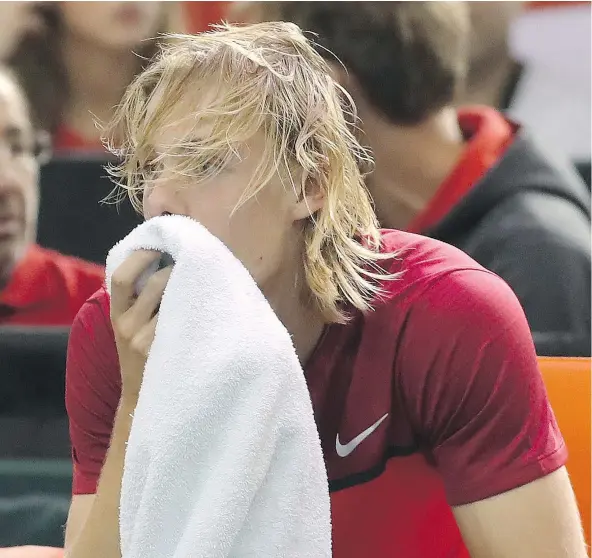  ?? — GETTY IMAGES FILES ?? Denis Shapovalov of Canada reacted in horror immediatel­y after accidental­ly hitting head referee Arnaud Gabas in the face with a tennis ball during Shapovalov’s Davis Cup match with Kyle Edmund of Great Britain Sunday, and has apologized profusely since.