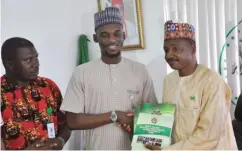  ??  ?? R-L: NDE DG, Dr Nasiru Mohammed Labaran, National President of NYCN, Comrade Bello Bala Shagari and Secretary General, Blessing Adebowale Akinlosotu when the latter visited NDE head office recently in Abuja.