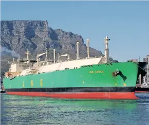  ?? BRIAN INGPEN ?? GAS carriers – like LNG Enugu shown leaving Cape Town after a bunker call - have become sought-after as shipping folks envisage a gas bridge across the North Atlantic to ensure that Europe has a sufficient supply of LNG as sanctions on Russian gas supplies begin to take effect. |