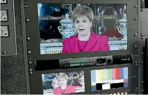  ?? PHOTO: REUTERS ?? Scotland’s First Minister Nicola Sturgeon is seen on screens in a television production truck as she demands a new independen­ce referendum, outside Bute House in Edinburgh.