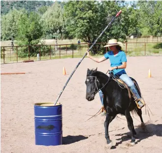  ?? ?? Incorporat­ing obstacles into work, both at liberty and under saddle, can help keep a horse engaged in his work, says Nicolet. It can be as simple as stepping over a pole, or as creative as “jousting” with an empty barrel.