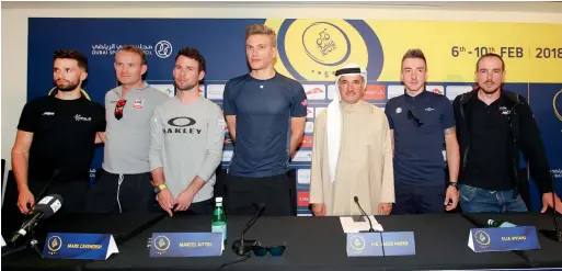  ?? Photo by Leslie Pableo ?? From left: Nacer Bouhanni, Alexander Kristoff, Mark Cavendish, Marcel Kittel, Saeed Hareb, Elia Viviani and John Degenkolba at the press meet. —