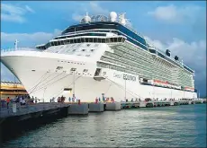  ?? JOE KAFKA VIA AP ?? A Celebrity Equinox cruise ship stops at a dock in San Juan, Puerto Rico, during a trip. The ship features a variety of onboard amenities, including a real grass lawn, a sky observatio­n lounge and specialty restaurant­s.