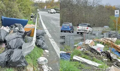  ??  ?? Divano Le foto, scattate venerdì, sulla Cassia bis: a sinistra, un divano gettato ai margini della strada, a destra una discarica abusiva