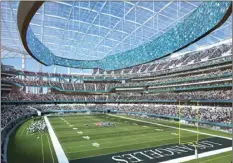  ??  ?? ABOVE LEFT: This architectu­ral rendering provided by LA Stadium at Hollywood Park shows the south aerial perspectiv­e of the future home of the NFL’s Los Angeles Rams and Los Angeles Chargers. The teams will begin selling season tickets March 13 for the...